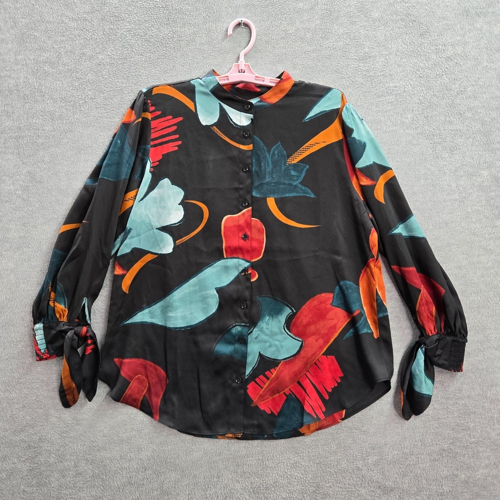 Chico's Women Blouse 12 Black Floral Mandarin Collar‎ Button Front
